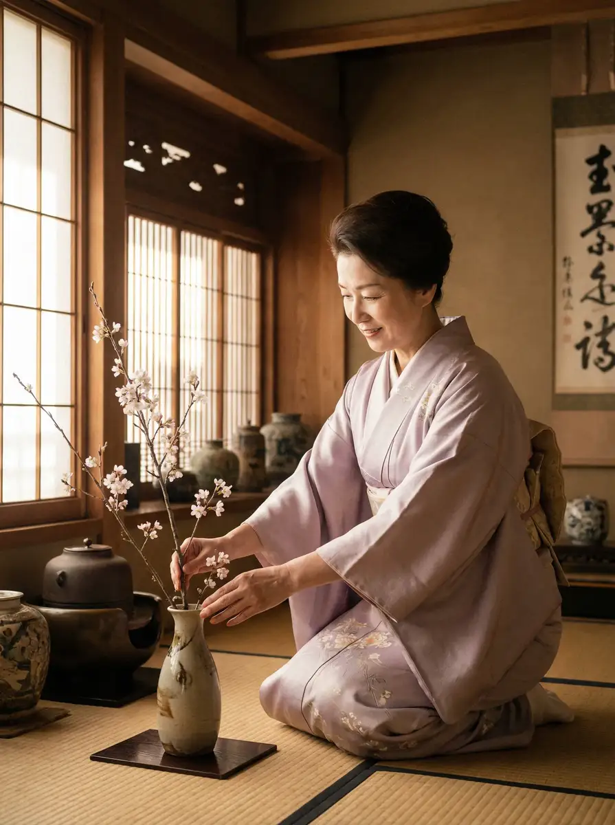 一位优雅的 里番-里番动漫视频 在和室中插花